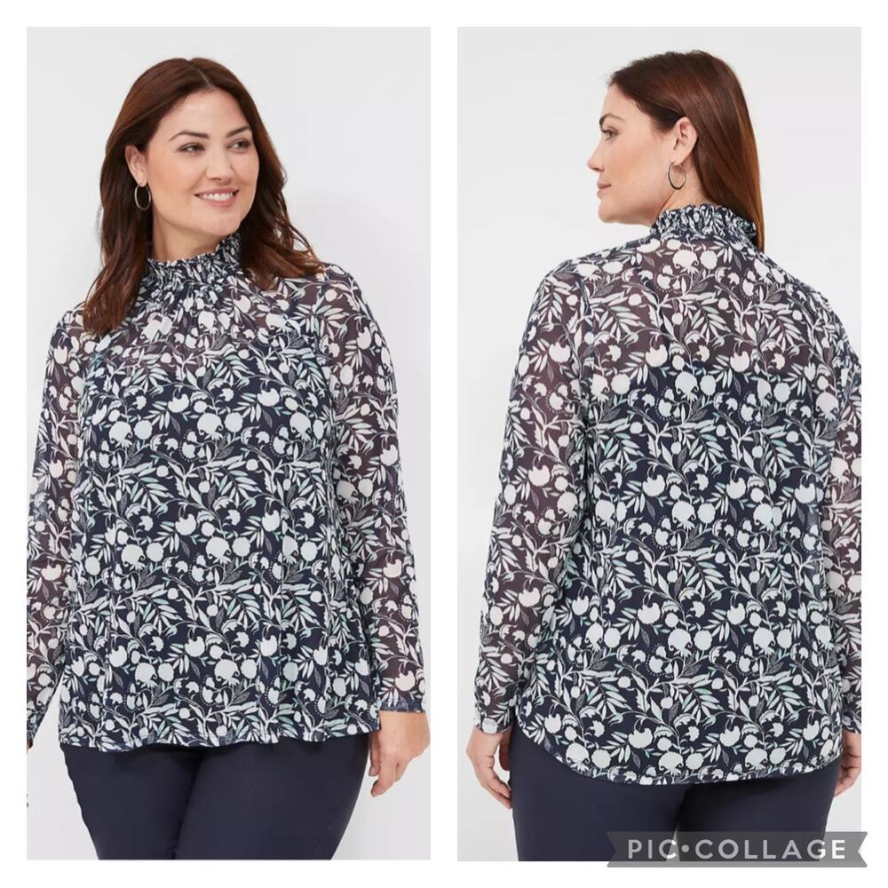 Lane Bryant Blue Floral Smocked Neck Swing Blouse Mesh Size 14/16